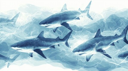 Fototapeta premium A mesmerizing underwater scene featuring four sharks gracefully gliding through ethereal, swirling blue waters. Their sleek forms and the translucent water create a captivating image.
