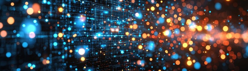 A vibrant display of glowing blue and orange lights against a dark background, creating a mesmerizing abstract pattern.