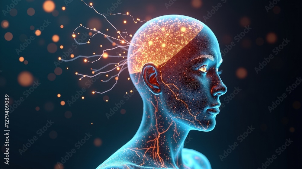 Fototapete 3d rendering of human biology fusing with machine intelligence, biomechanical structures forming an 