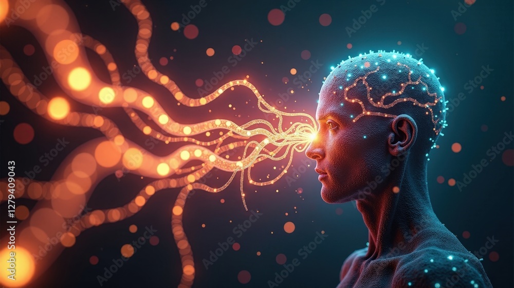 Fototapete 3d rendering of human biology fusing with machine intelligence, biomechanical structures forming an 