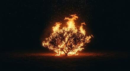 Mysterious flaming bush under a starlit sky casting an ominous glow