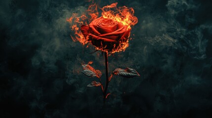 Fiery red rose engulfed in flames against a dark, smoky background.  A dramatic and passionate image.