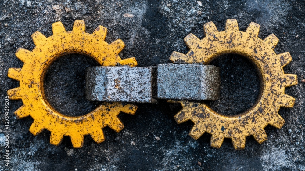 Poster close-up view of interlocking yellow gears on a textured surface, symbolizing connection and industr