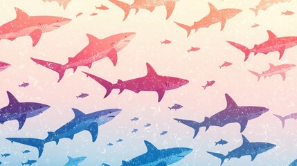 A vibrant underwater scene teeming with sharks in various shades of pink, purple, and blue.  The stylized illustration creates a playful yet captivating image.