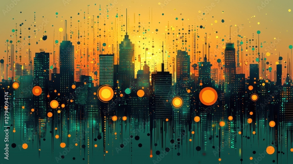 Poster a vibrant city skyline at sunset, featuring colorful lights and abstract patterns, creating a dynami