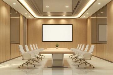 Contemporary meeting room interior with blank TV screen. AI generated illustration.
