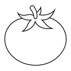 Tomato vector illustration. Hand-drawn doodle style tomato with stem. Black outline isolated on white background.