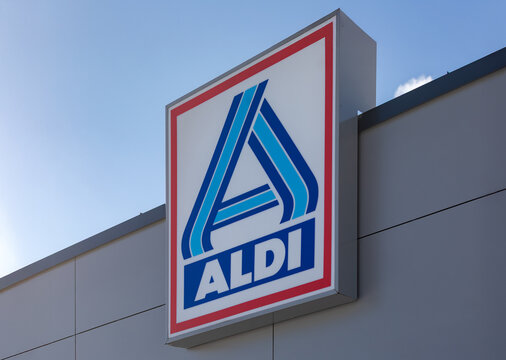 POLAND, ELBLĄG 16.02.2025 - Aldi Discount Supermarket Sign on a Modern Building Exterior