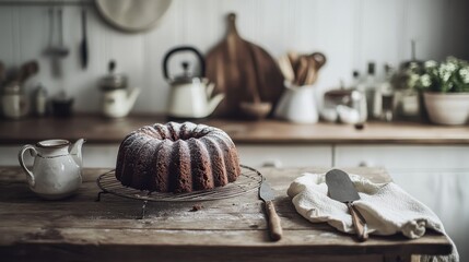 Chocolate Bundt Cake on Wooden Table in Cozy Kitchen Setting