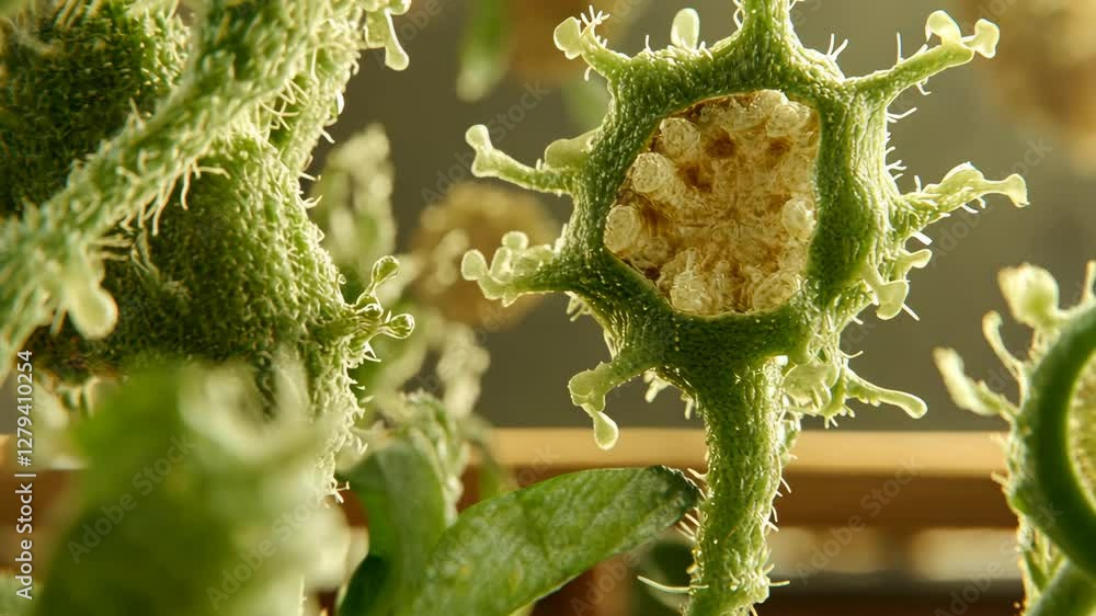 Poster close-up view of unique green plant structure with intricate details and background setting in a nat