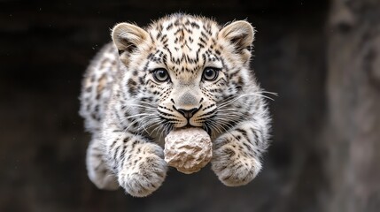 Fototapeta premium Playful snow leopard cub holding a small stone in its mouth against a dark rocky background.