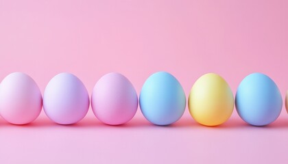 A vibrant close-up showcasing a row of colorful eggs resting on a soft pink surface, highlighting their unique hues and textures.
