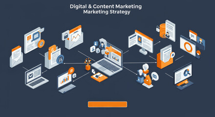 Isometric Illustration of a Dynamic Digital Marketing Strategy and Process
