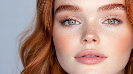 Fototapeta premium Close-up portrait of a young woman with red hair and freckles. Soft lighting enhances her natural beauty.