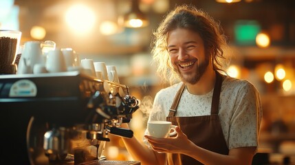 Naklejka premium Warm Smile in a Coffeehouse: A barista, radiating joy, holds a cup of coffee, embodying the warmth and charm of a bustling coffeehouse interior, illuminated by soft, natural light.