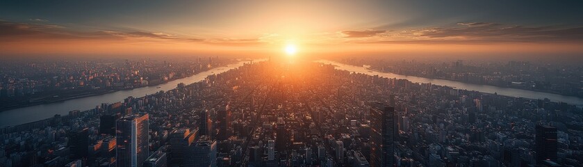Fototapeta premium A breathtaking sunset illuminates a sprawling cityscape, casting warm hues over buildings and a winding river.