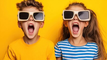 Obraz premium Kids wearing large sunglasses, excited expressions, yellow background. Possible use for children's product advertisement