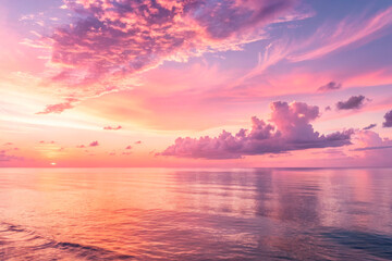 Obraz premium Ocean Waves Under A Vibrant Pink And Orange Sunset, Capturing A Dreamy Coastal Scene, Ideal For Travel Advertising, Wellness Brands, Relaxation Concepts, And Nature-Inspired Visuals...