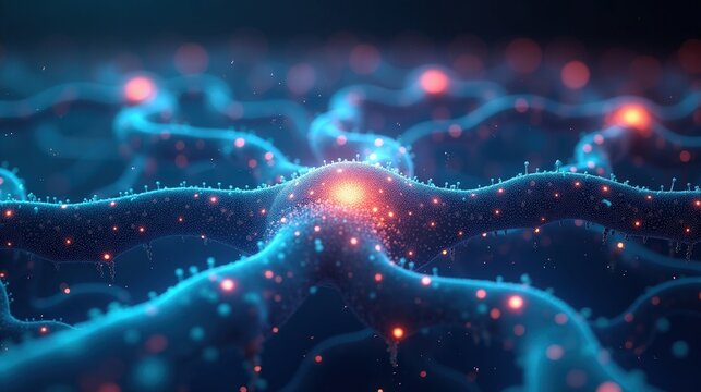 3D Rendering of a glowing neural network in bloom, branching synapses flowing like a cybernetic tree, electric-blue data paths pulsing across an infinite digital grid.
