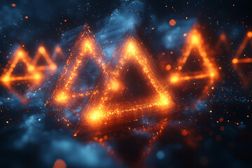 A futuristic abstract background featuring a grid of glowing triangles on a deep blue and black backdrop