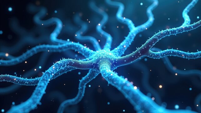 3D Rendering of a glowing neural network in bloom, branching synapses flowing like a cybernetic tree, electric-blue data paths pulsing across an infinite digital grid.