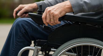 Obraz premium Close-up of elderly hands operating a joystick on a mobility scooter, highlighting accessibility and independence for seniors.