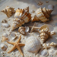 Tranquil Seashore Treasures - A Still Life of Seashells and Starfish on Sandy Beach