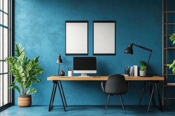 Coworking office in loft style with blank blue wall. AI generated illustration.