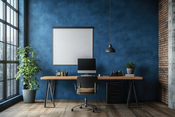 Coworking office in loft style with blank blue wall. AI generated illustration.