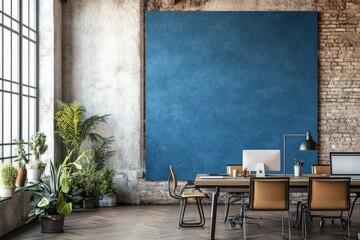 Coworking office in loft style with blank blue wall. AI generated illustration.