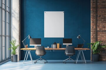 Coworking office in loft style with blank blue wall. AI generated illustration.