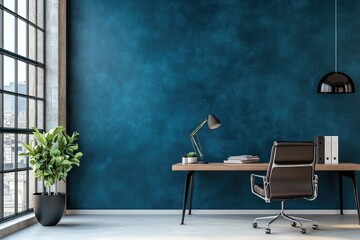 Coworking office in loft style with blank blue wall. AI generated illustration.