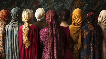 Back view of many diverse women of different ages, nationalities and religions come together. Women's empowerment