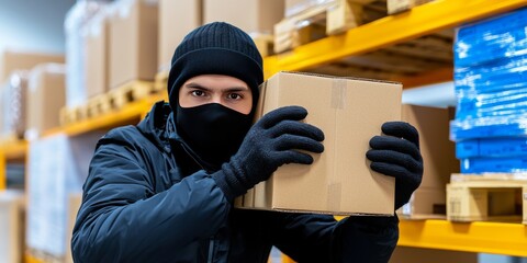 Warehouse Thief: A masked figure in a warehouse, clutching a cardboard box, embodies stealth and potential crime, symbolizing risk and vulnerability in a high-stakes setting.