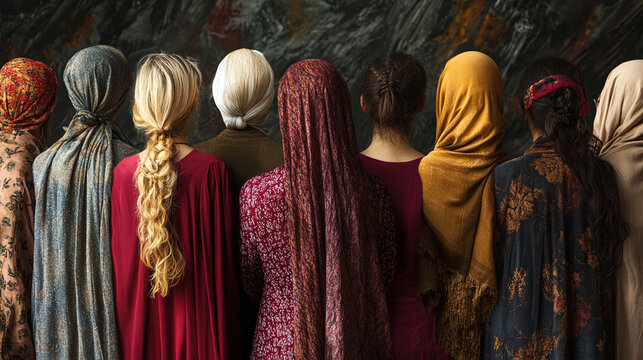 Back view of many diverse women of different ages, nationalities and religions come together. Women's empowerment