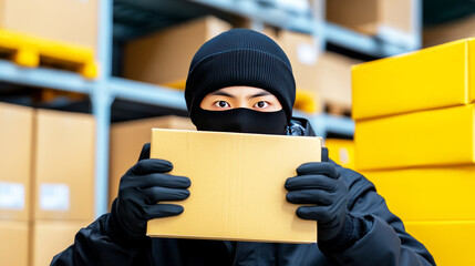 A Figure of Deceit: A masked individual conceals their identity, clutching a package amidst a warehouse, their gaze locking with the viewer, a story of crime and clandestine activities unfolding.