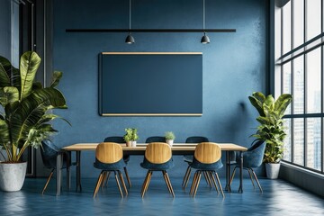 Coworking office in loft style with blank blue wall. AI generated illustration.