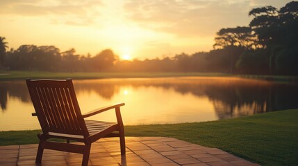 Serene sunset over lake wooden chair on patio nature scene tranquil environment peaceful view