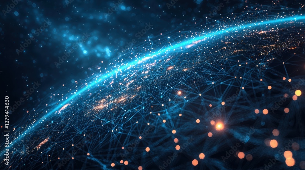 Poster a holographic earth with neural connections and floating data points, illuminated in deep blue and n