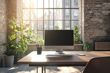 Coworking office interior with computer. AI generated illustration.