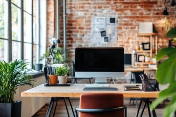 Coworking office interior with computer. AI generated illustration.