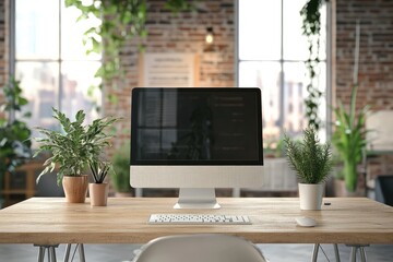 Coworking office interior with computer. AI generated illustration.