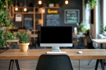 Fototapeta premium Coworking office interior with computer. AI generated illustration.