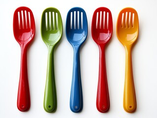 Colorful Slotted Spoons: A Vibrant Row of Kitchen Utensils in Red, Green, Blue, and Yellow on a White Surface, Ready for Culinary Creations and Serving Delights