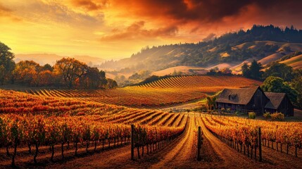 Vibrant autumn vineyard landscape at sunset with rolling hills and rustic barn in background