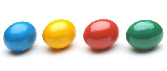 Fototapeta premium Three eggs arranged neatly in a row on a clean white surface, showcasing their smooth textures and natural colors.