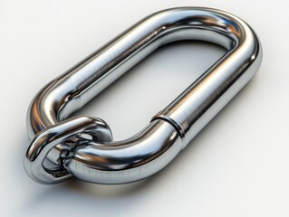 Obraz premium Shiny Chrome Connecting Link: Close-up of a Polished Metal Chain Link on a White Background, Ideal for Industrial and Construction Applications.