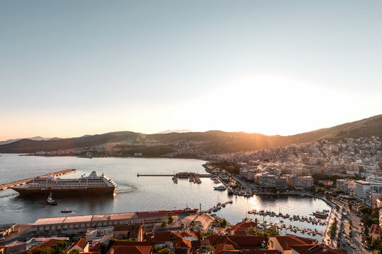 Kavala city Greece, 12.8.24 Panoramic view of from the Byzantine fortress or castle, near Panagia church, sunset colors