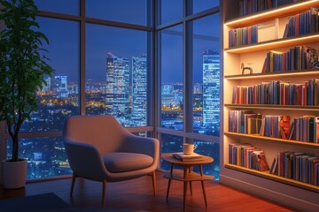 Fototapeta premium Cozy living room with chair, table, and city view. AI generated illustration.