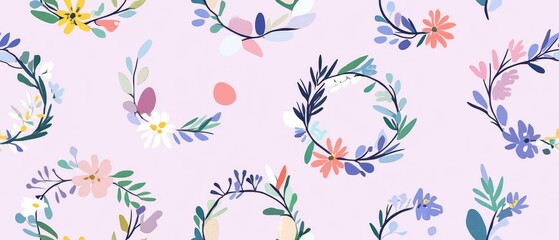 seamless pattern Creative Easter wreaths on periwinkle backdrop in cubism 